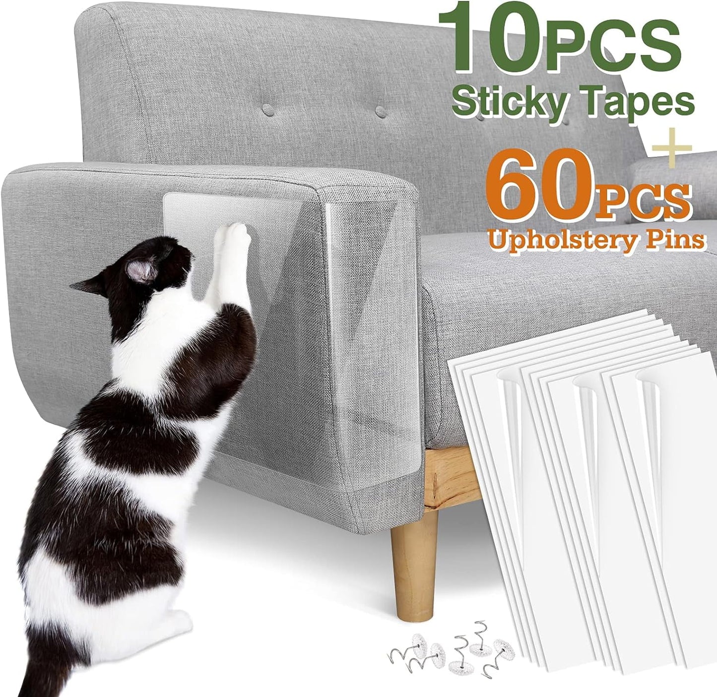 Cat Scratch Furniture Protection Tape with 60 Upholstery Pins - 10 Pack, White