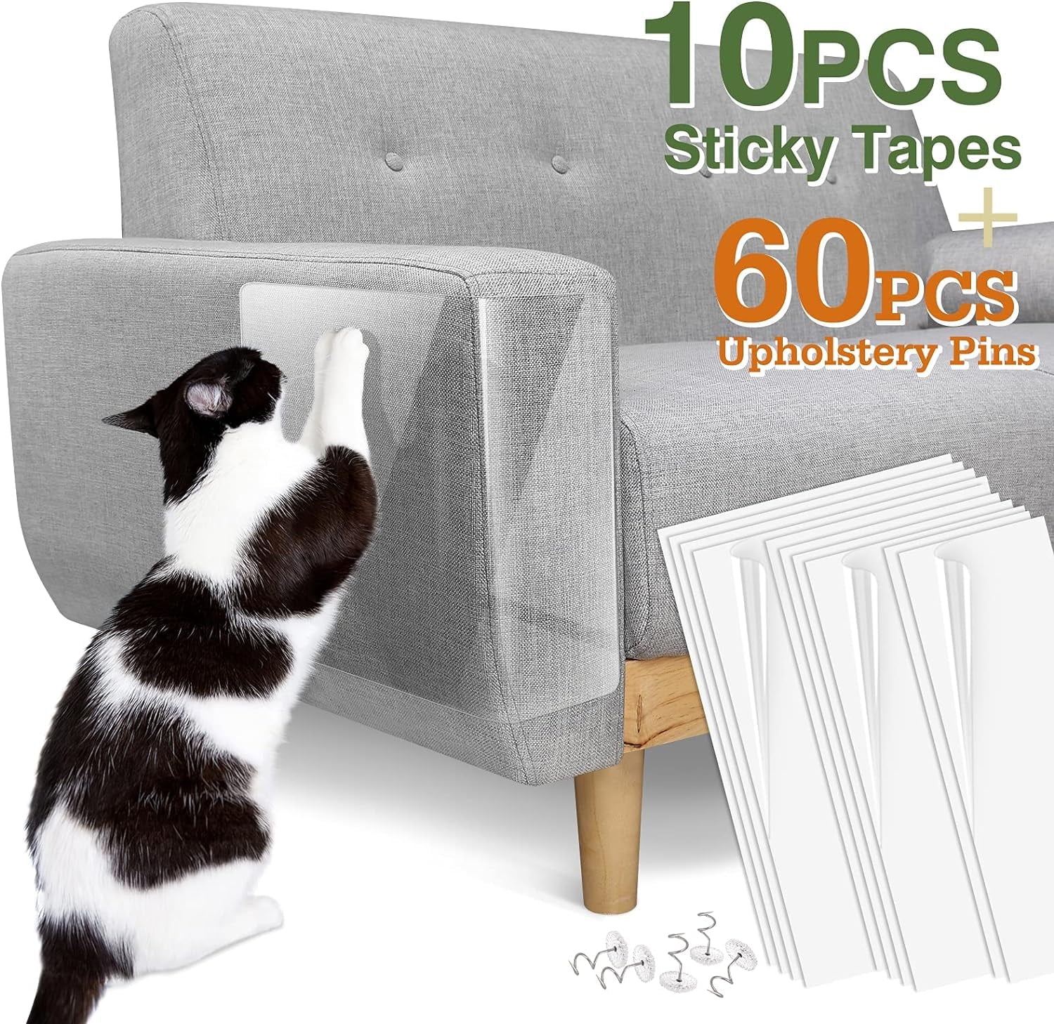 Cat Scratch Furniture Protection Tape with 60 Upholstery Pins - 10 Pack, White