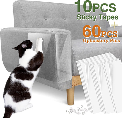 Cat Scratch Furniture Protection Tape with 60 Upholstery Pins - 10 Pack, White