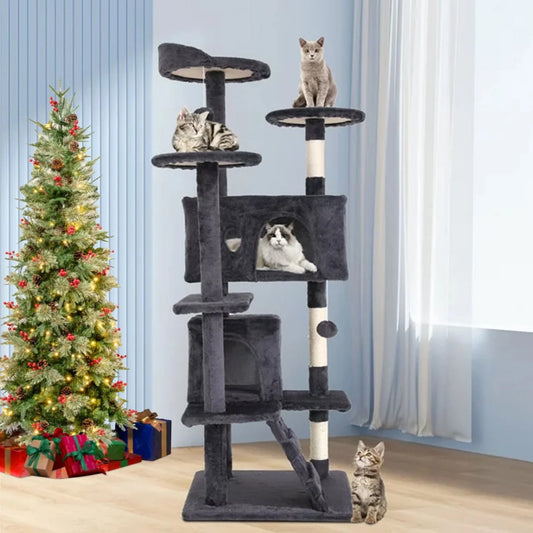 54-Inch Double Condo Cat Tree Tower with Scratching Post and Perch for Indoor Use, Ash Gray