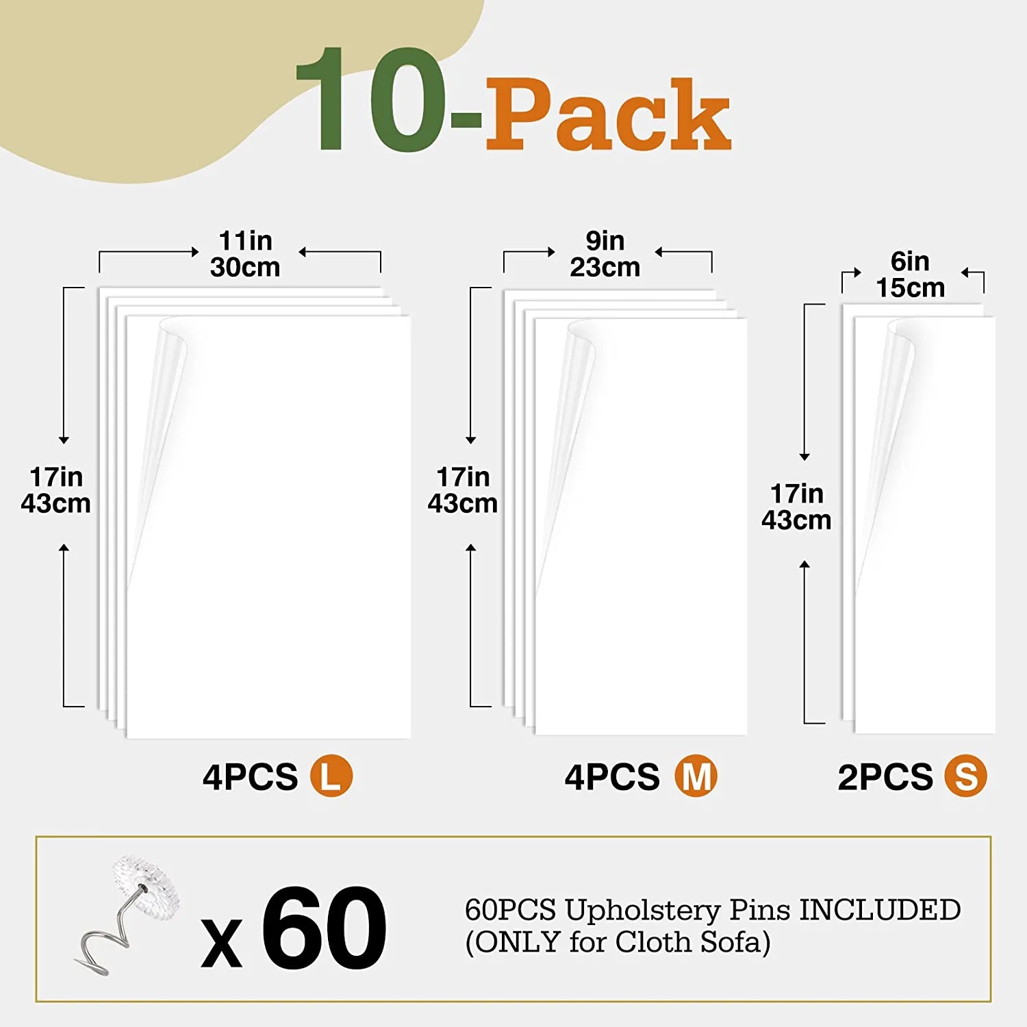 Cat Scratch Furniture Protection Tape with 60 Upholstery Pins - 10 Pack, White